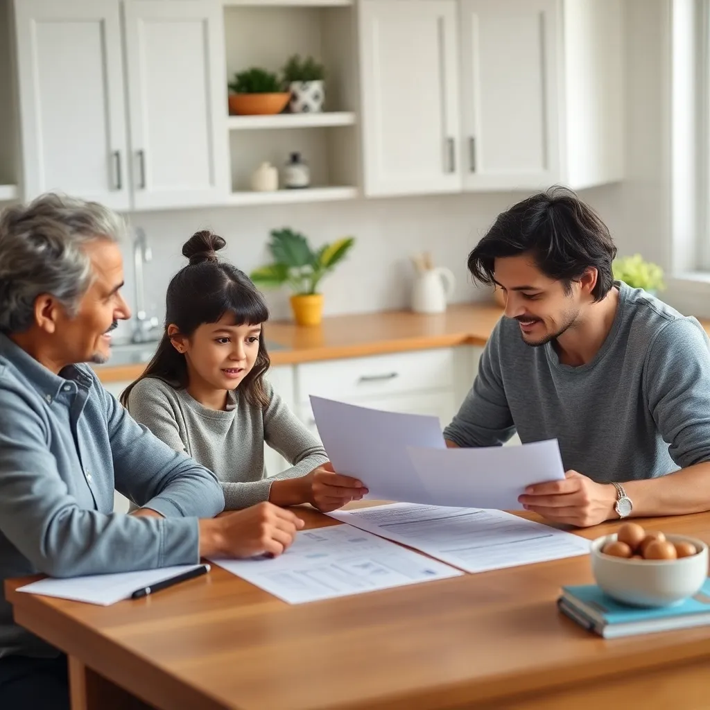 Family reviewing insurance documents at a kitchen table