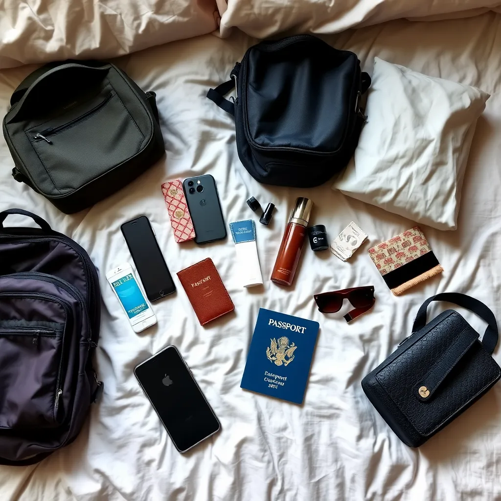 Collection of travel essentials laid out on a bed with a passport visible